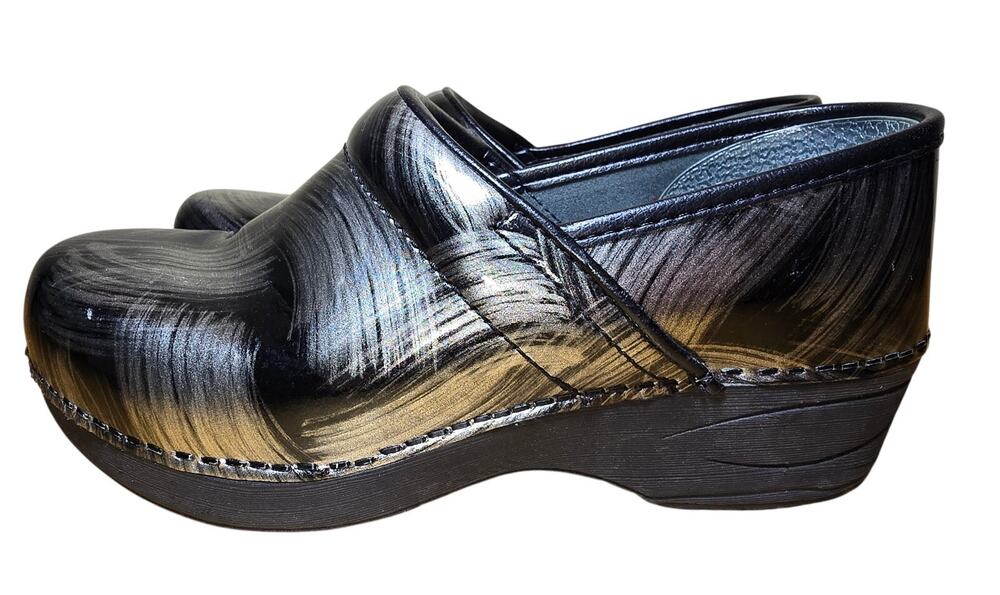 Dansko Pro XP 2.0 Leather Clogs Black Silver Nursing Work Shoes Size Women 6.5